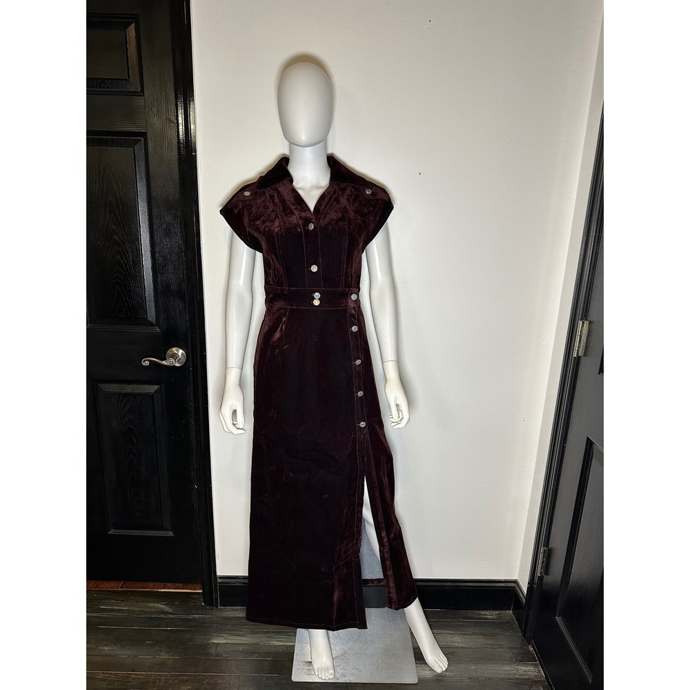 Innovate Denim Velvet Button Front Dress‎ burgundy High Slit Collared Cap Sleeve
